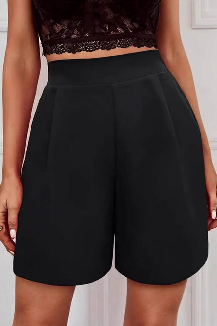 Black high-waisted wide-leg suit shorts by NINEXIS, casual style with solid color and relaxed fit.