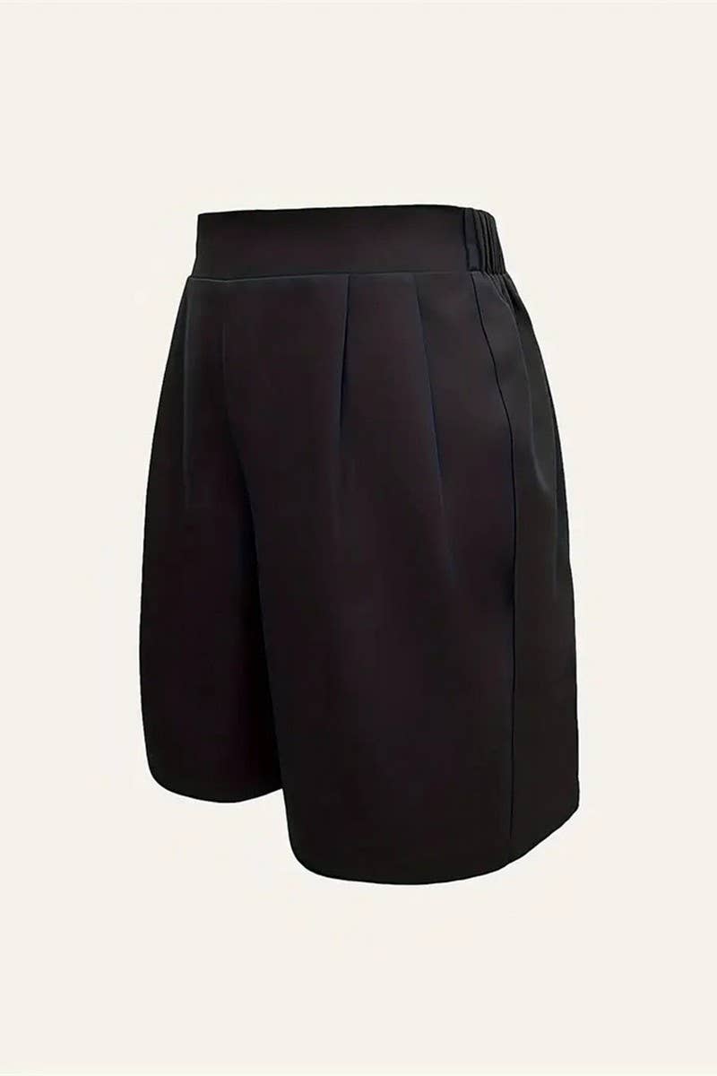 Black high-waisted wide-leg suit shorts by Ninexis, casual solid-color design, styled with a relaxed fit and tailored waistband.
