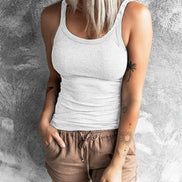 Khaki round neck ribbed top by NINEXIS, slim fit, sleeveless vest style, perfect for casual or layered outfits.