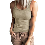Khaki NINEXIS round neck ribbed top in size XL, slim fit, solid color, close-up view of the stretchy fabric and neckline.