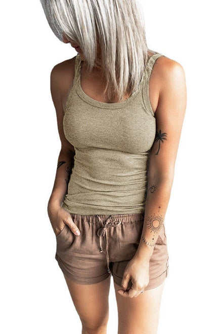 Khaki NINEXIS round neck ribbed top in size XL, slim fit, solid color, close-up view of the stretchy fabric and neckline.