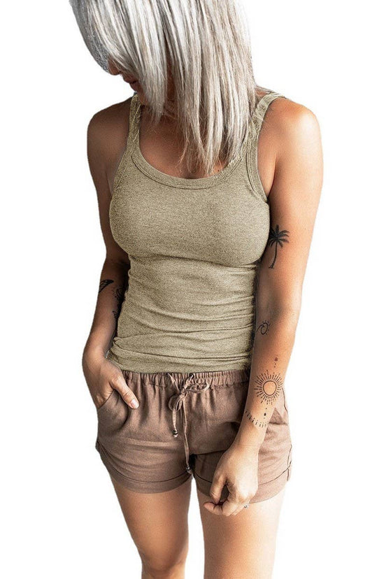 Khaki NINEXIS round neck ribbed top in size XL, slim fit, solid color, close-up view of the stretchy fabric and neckline.