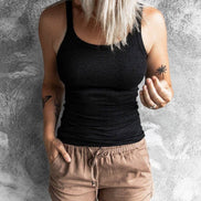 Khaki NINEXIS round neck ribbed top in size XL, slim fit, solid color, close-up view of the ribbed fabric and neckline.