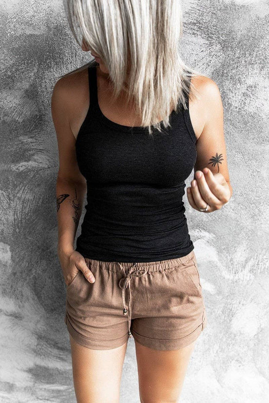 Khaki NINEXIS round neck ribbed top in size XL, slim fit, solid color, close-up view of the ribbed fabric and neckline.