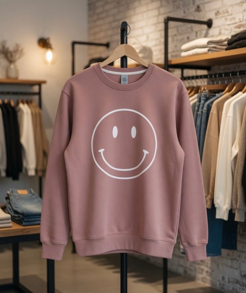 Oat Collective happy face sweatshirt, casual top featuring a cheerful face graphic on soft fabric, perfect for relaxed wear.