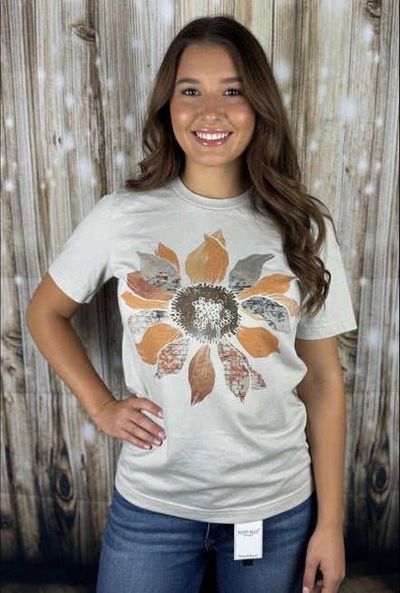 Gray grunge sunflower graphic tee top by Par.tees by Party On! featuring a distressed sunflower design on soft fabric.