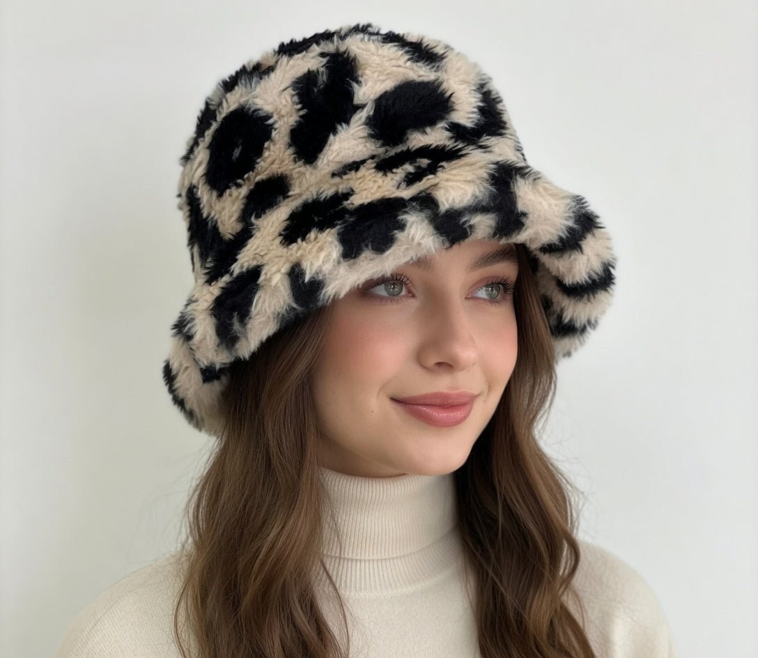 Leopard Sherpa Bucket Hat by Pink Irene Wholesale featuring a cozy sherpa lining and stylish leopard print design.