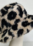 Leopard Sherpa Bucket Hat by Pink Irene Wholesale featuring a soft, cozy sherpa lining and stylish leopard print design.