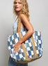 Ivory denim checkered tote bag from Pol Clothing featuring woven design and spacious interior for everyday use.