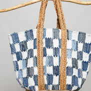 Ivory denim checkered tote bag by Pol Clothing with woven handles and spacious interior for everyday use.
