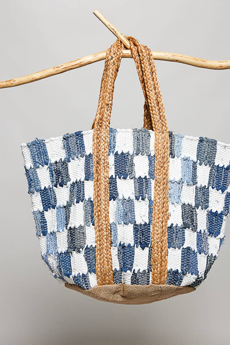 Ivory denim checkered tote bag by Pol Clothing with woven handles and spacious interior for everyday use.