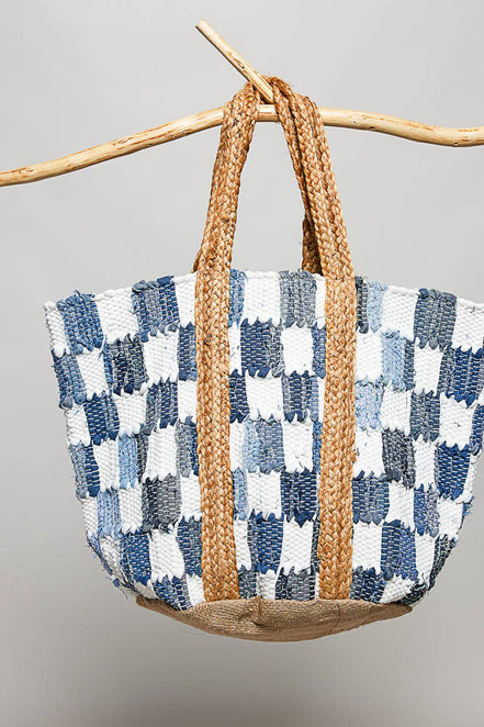 Ivory denim checkered tote bag by Pol Clothing with woven handles and spacious interior for everyday use.