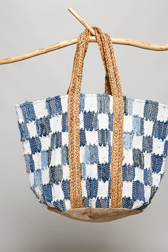 Ivory denim checkered tote bag by Pol Clothing with woven handles and spacious interior for everyday use.