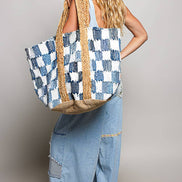 Ivory denim checkered tote bag by Pol Clothing, woven fabric with comfortable shoulder straps and spacious interior.
