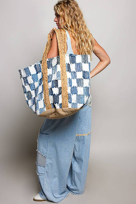 Ivory denim checkered tote bag by Pol Clothing, woven fabric with comfortable shoulder straps and spacious interior.
