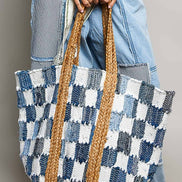 Ivory denim checkered tote bag by Pol Clothing, woven fabric with sturdy handles and spacious interior for everyday use.
