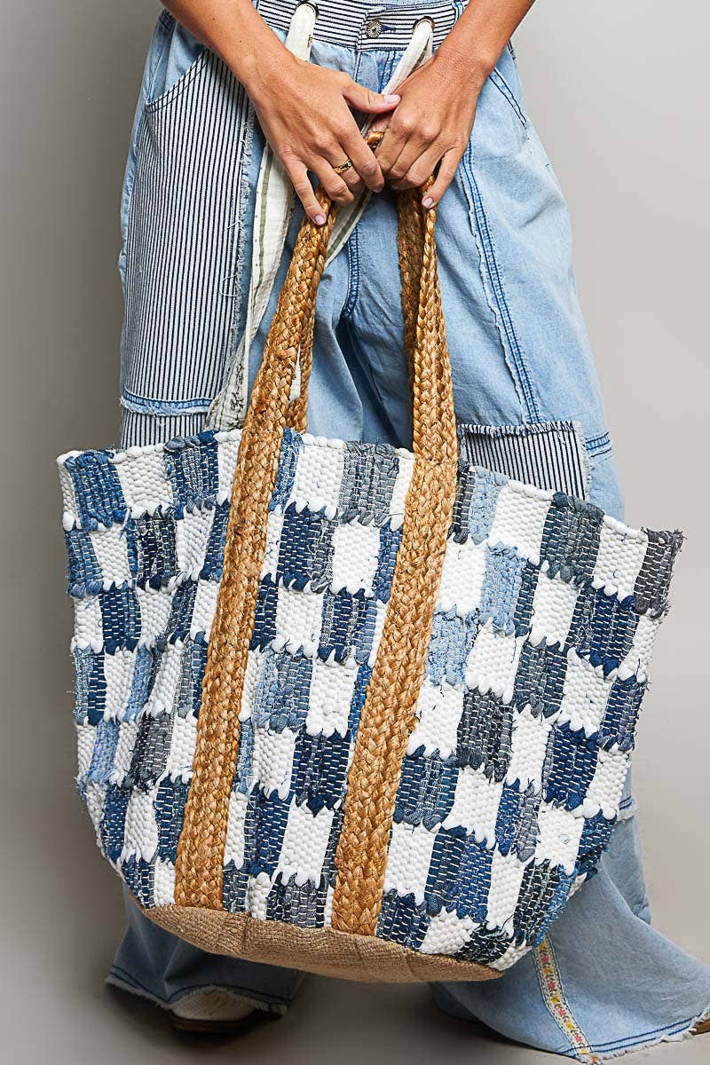 Ivory denim checkered tote bag by Pol Clothing, woven fabric with sturdy handles and spacious interior for everyday use.