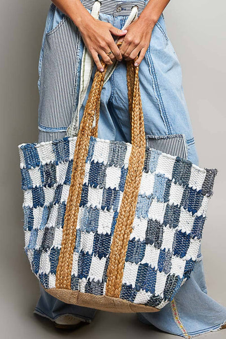 Ivory denim checkered tote bag by Pol Clothing, woven fabric with sturdy handles and spacious interior for everyday use.