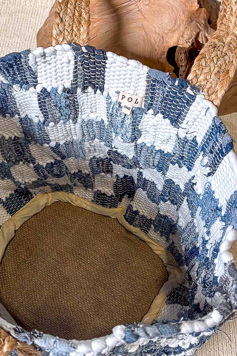 Ivory denim checkered tote bag by Pol Clothing with woven design and spacious interior for everyday use.