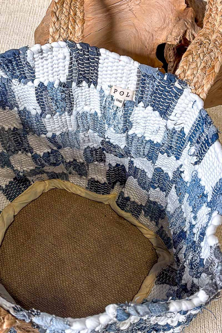 Ivory denim checkered tote bag by Pol Clothing with woven design and spacious interior for everyday use.