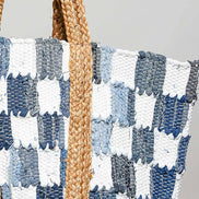 Ivory denim checkered tote bag by Pol Clothing with woven handles and spacious interior for everyday use