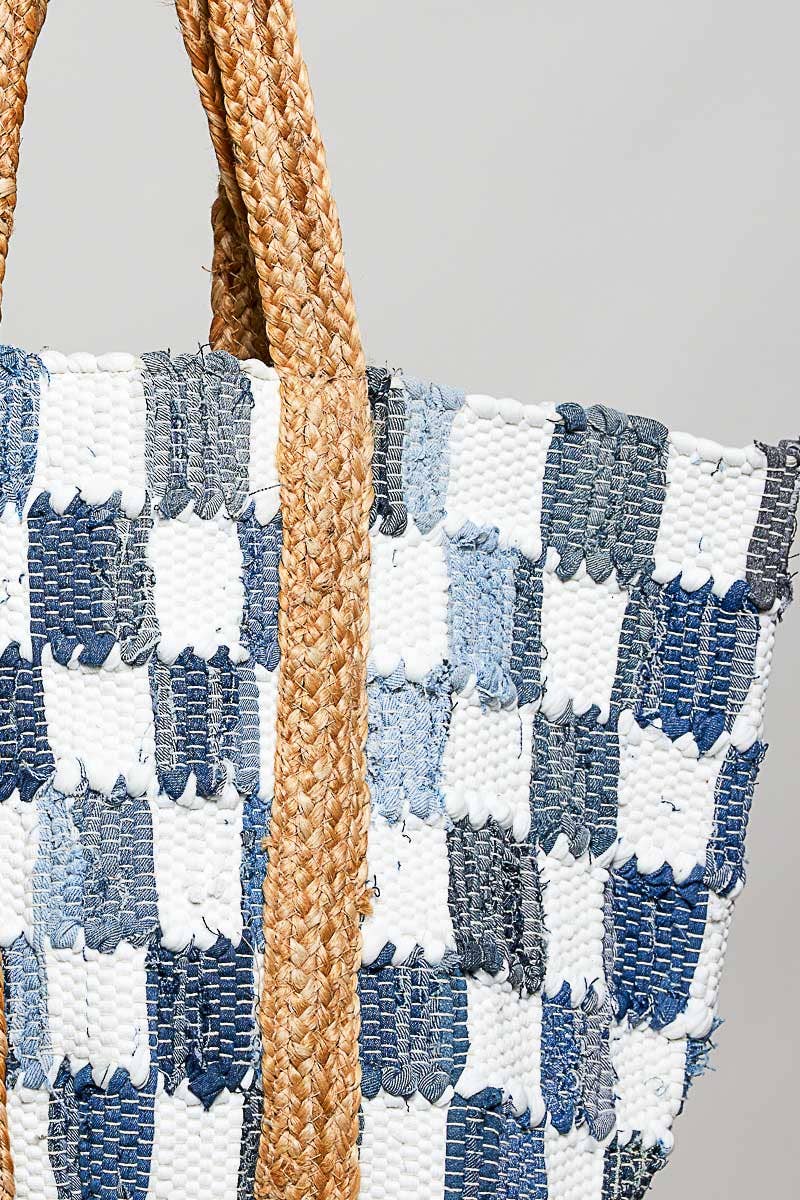 Ivory denim checkered tote bag by Pol Clothing with woven handles and spacious interior for everyday use