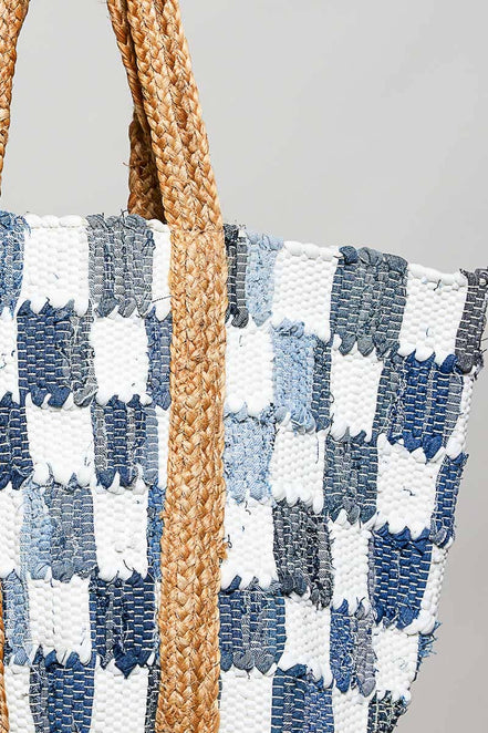 Ivory denim checkered tote bag by Pol Clothing with woven handles and spacious interior for everyday use