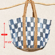 Ivory denim checkered tote bag by Pol Clothing featuring woven handles and spacious interior for everyday use.