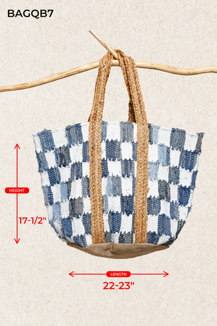 Ivory denim checkered tote bag by Pol Clothing featuring woven handles and spacious interior for everyday use.