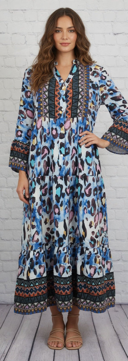 Leopard print 3/4 sleeve tiered maxi dress by PRETTY BASH featuring a flowing silhouette and stylish tiered layers.