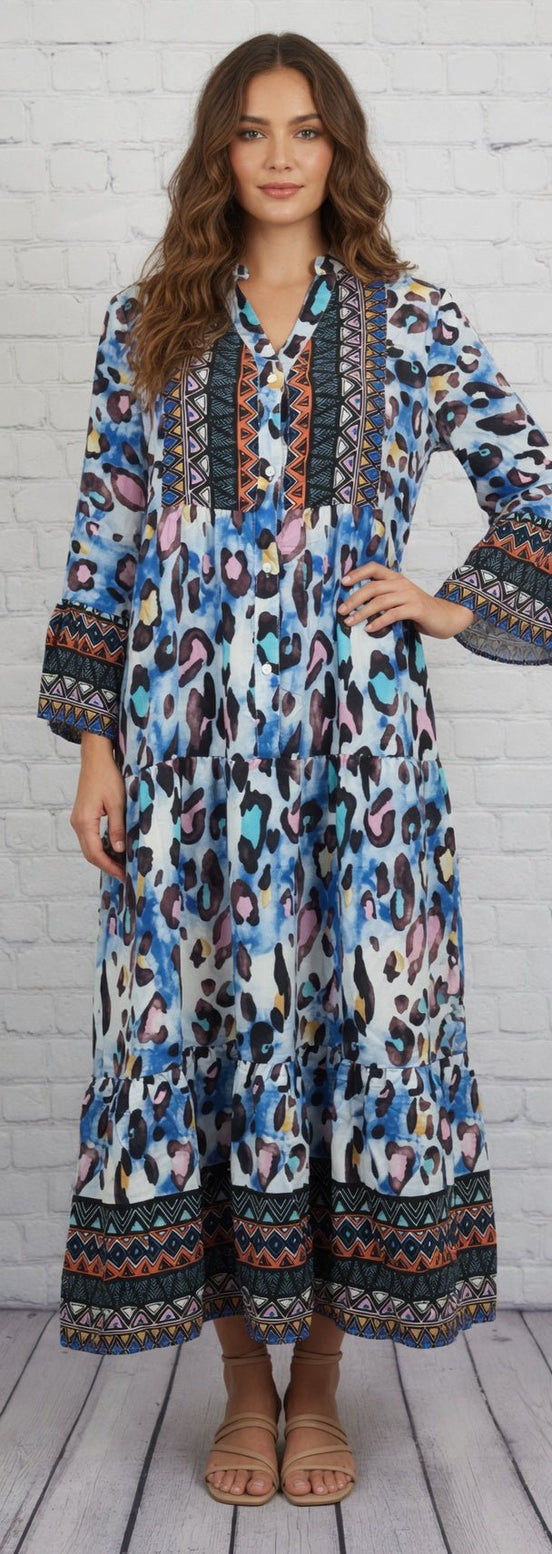 Leopard print 3/4 sleeve tiered maxi dress by PRETTY BASH featuring a flowing silhouette and stylish tiered layers.