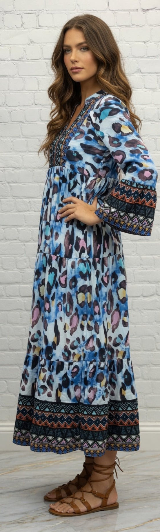 Leopard print 3/4 sleeve tiered maxi dress by PRETTY BASH, flowing fabric with a stylish tiered design and relaxed fit.