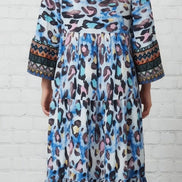 Leopard print 3/4 sleeve tiered maxi dress by PRETTY BASH, flowing fabric with a stylish tiered design and relaxed fit.