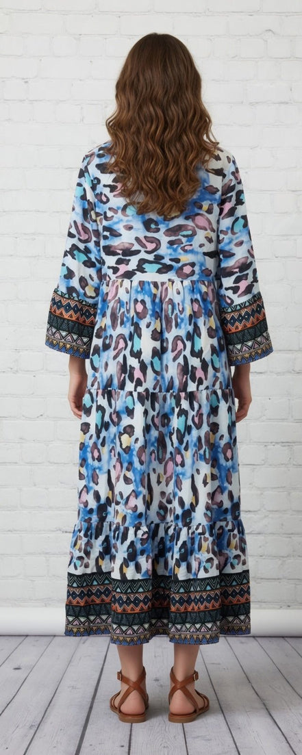 Leopard print 3/4 sleeve tiered maxi dress by PRETTY BASH, flowing fabric with a stylish tiered design and relaxed fit.