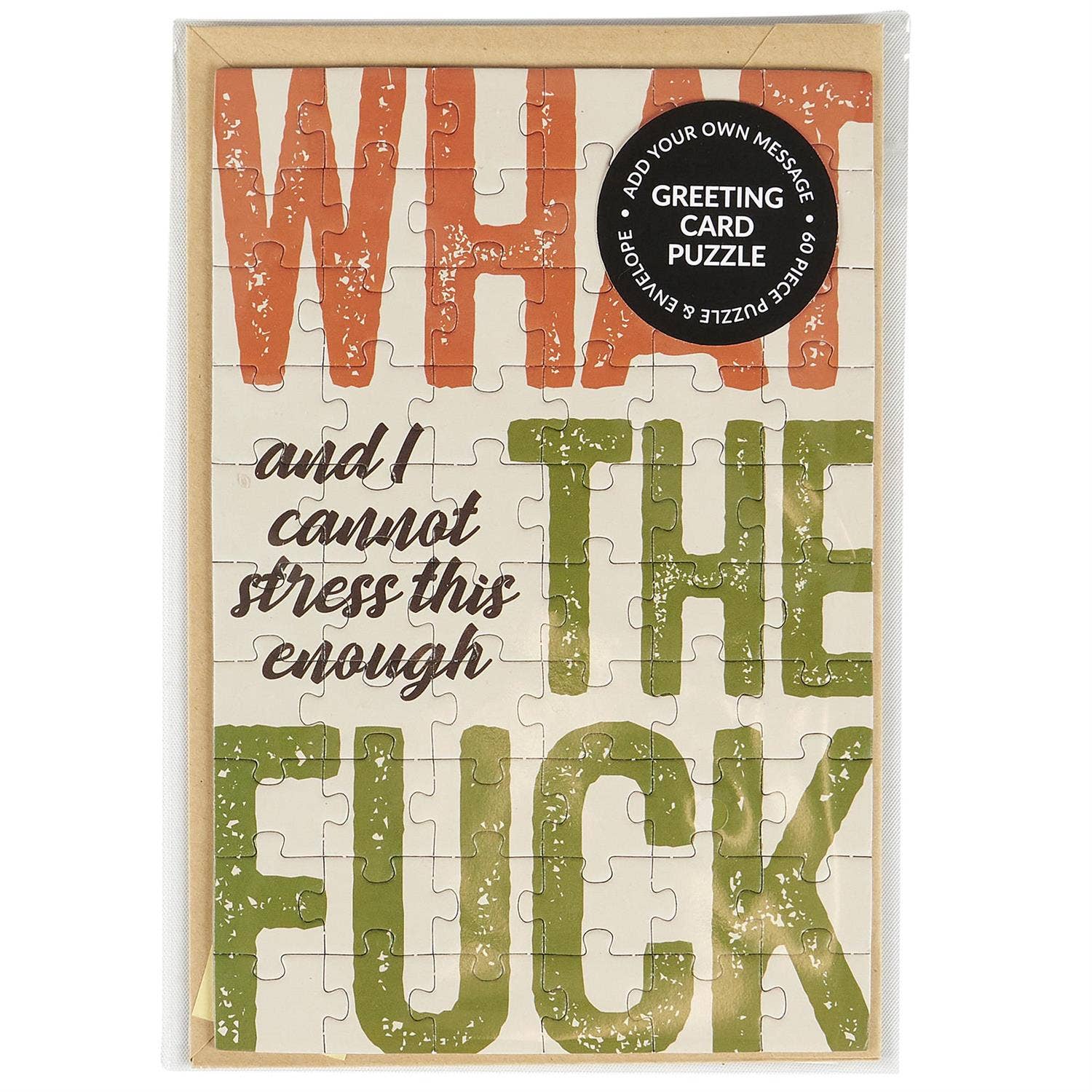 Questionables Cannot Stress Puzzle Card featuring humorous stress-relief design and bold lettering for fun and relaxation.