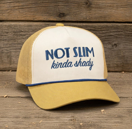 Questionables Kinda Shady Trucker Hat featuring mesh back and curved brim in a casual, stylish design.