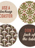Set of four Questionables The Table coasters featuring stylish, absorbent cork surfaces with decorative designs.