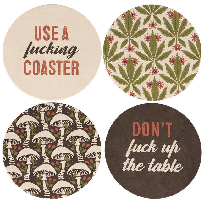 Set of four Questionables The Table coasters featuring stylish, absorbent cork surfaces with decorative designs.