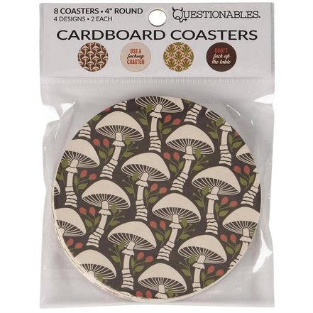 Set of four Questionables The Table Coasters with wooden and cork surfaces, designed to protect tables from drink spills.