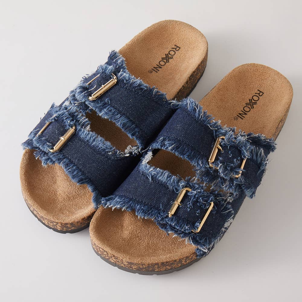 Roxoni denim strap sandals for women featuring casual slip-on shoes with denim straps and open-toe design.