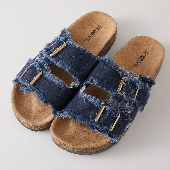 Roxoni denim strap sandals for women featuring casual slip-on shoes with denim straps and open-toe design.