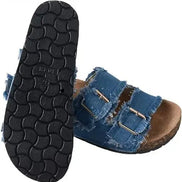Roxoni denim strap sandals featuring casual slip-on shoes with denim fabric and adjustable straps on a flat sole.