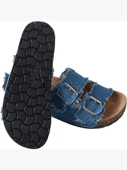 Roxoni denim strap sandals featuring casual slip-on shoes with denim fabric and adjustable straps on a flat sole.