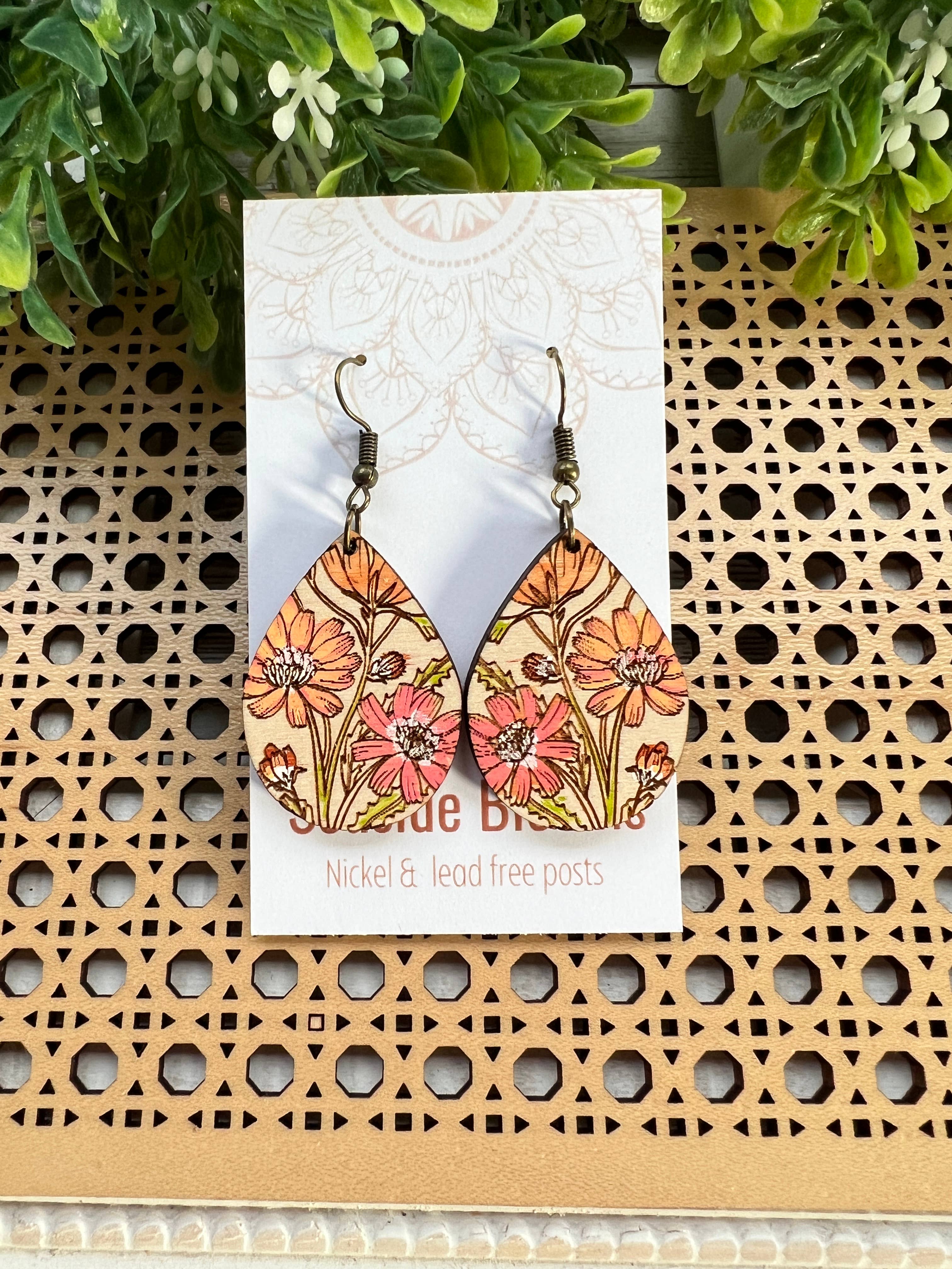 Hand-painted Boho Daisy Wood Earrings by Seasideblooms featuring lightweight wooden design and floral daisy details.