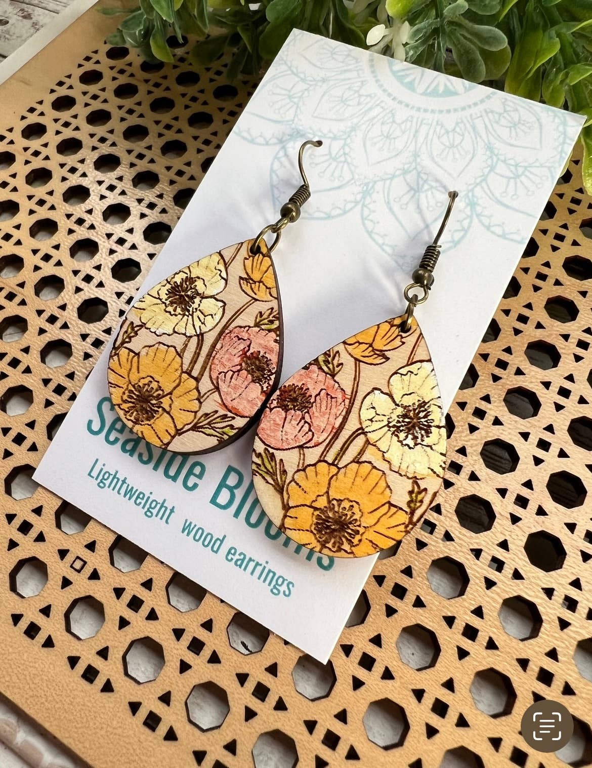Hand-painted boho floral design on lightweight maple wood by Seasideblooms, showcasing vibrant floral patterns and natural wood texture.