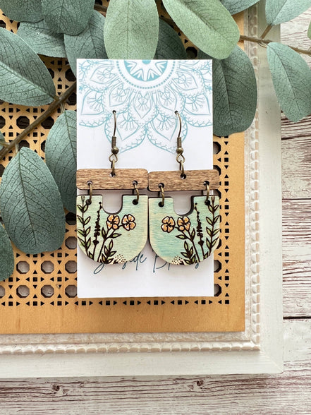 Lightweight boho maple wood earrings with hand-painted flower design by Seasideblooms, natural and artistic jewelry accessory