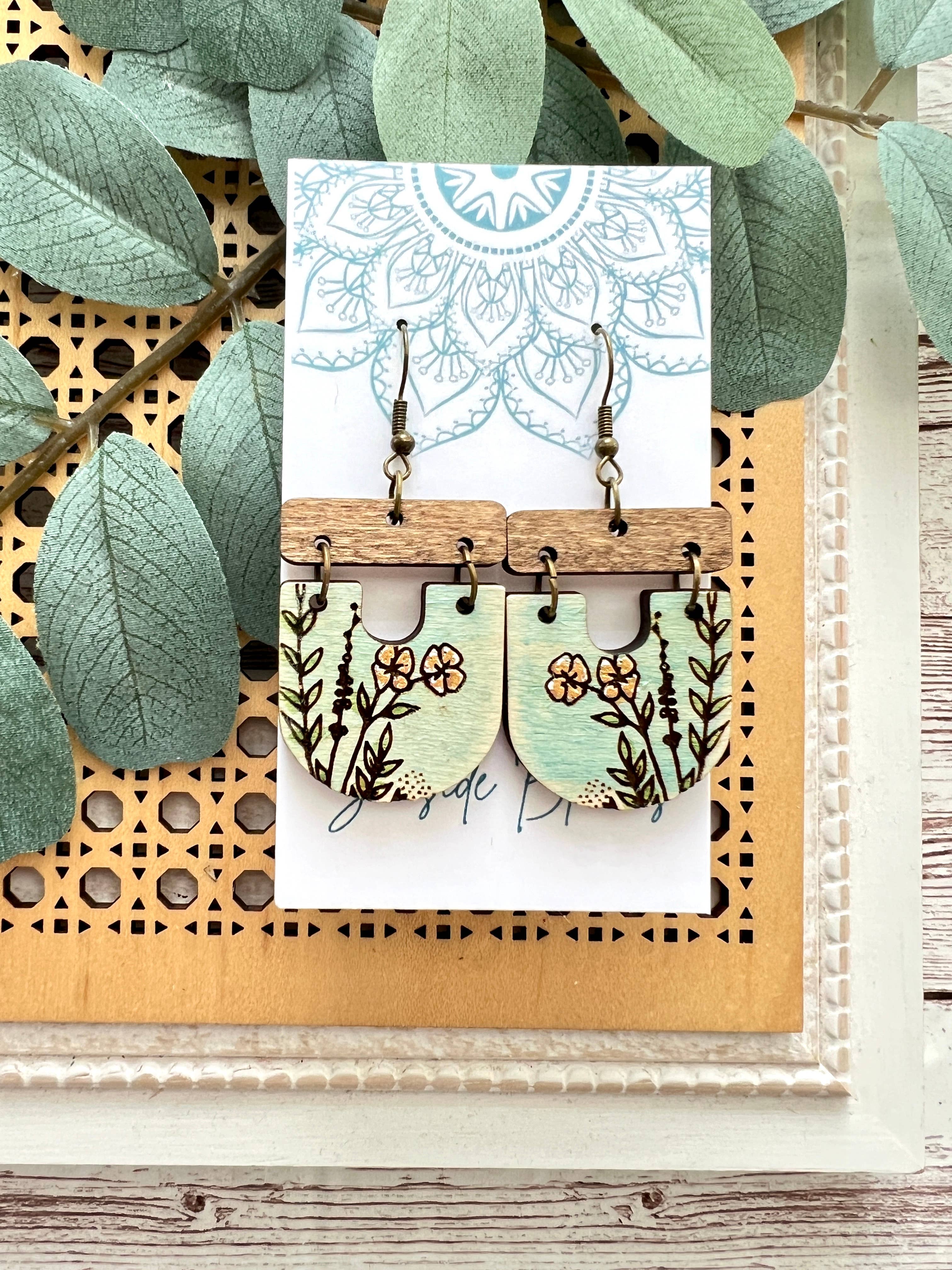Hand-painted boho maple wood earrings with floral design by Seasideblooms, lightweight and stylish jewelry accessory.