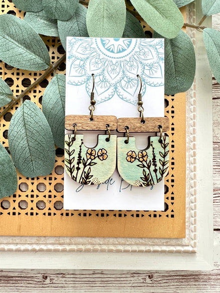 Hand-painted boho maple wood earrings with floral design by Seasideblooms, lightweight and stylish jewelry accessory.