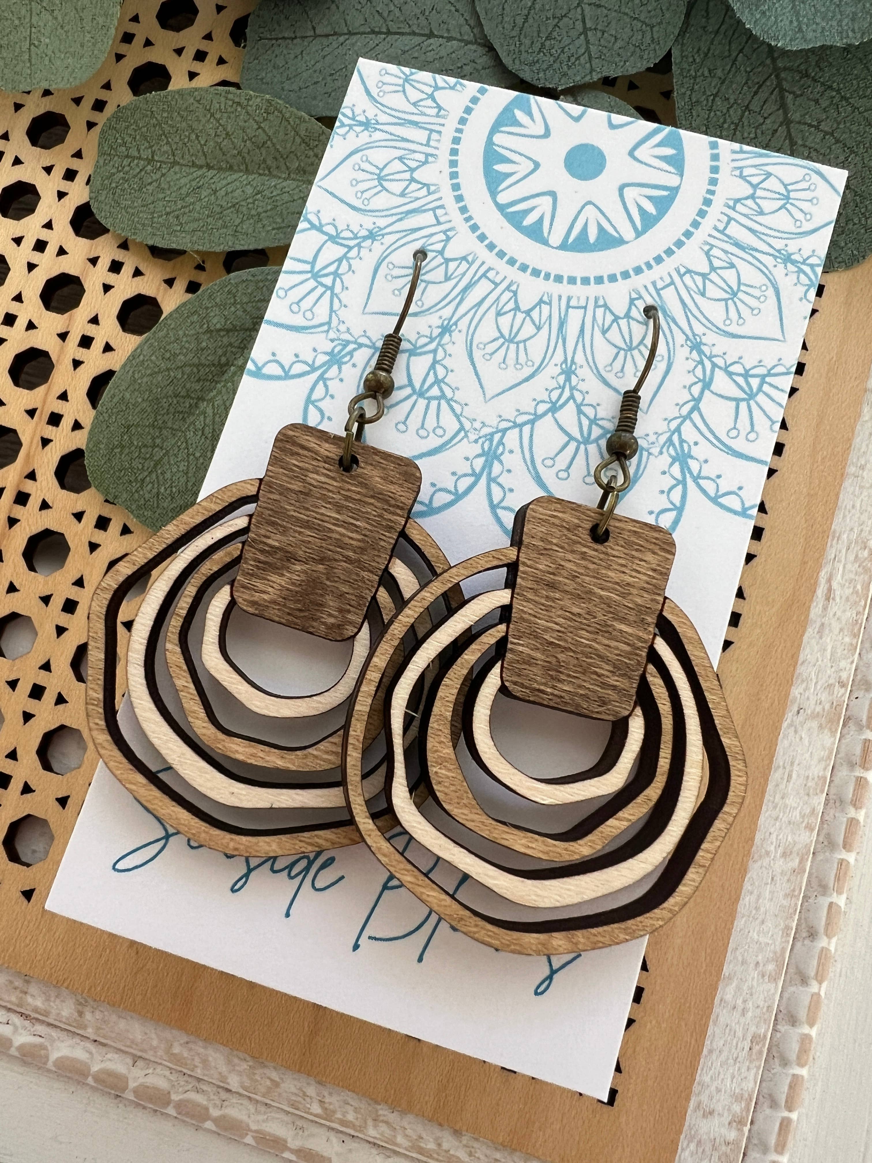 Hand-painted lightweight boho wood hoops earrings by Seasideblooms featuring natural wood finish and artistic design.