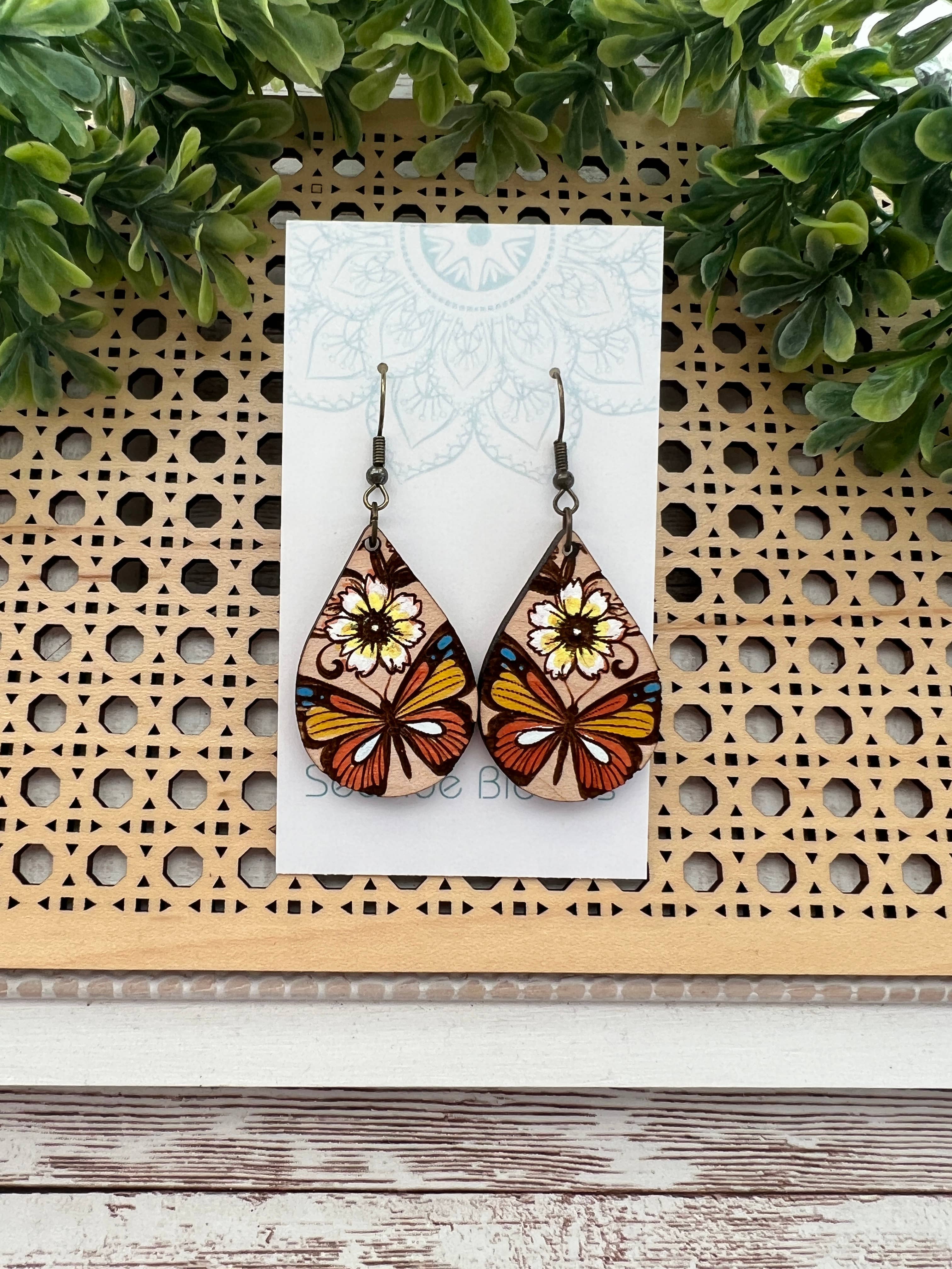 Hand-painted Butterfly Maple Wood Earrings by Seasideblooms, lightweight jewelry featuring delicate butterfly design on natural maple wood
